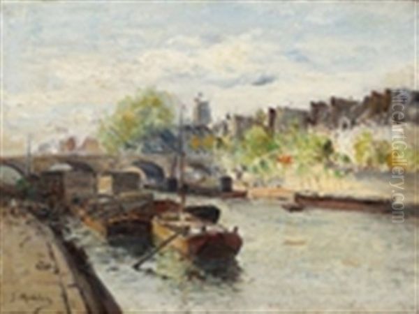 Les Quais De Seine, Peniche Sur Le Fleuve Oil Painting by Gustave Madelain