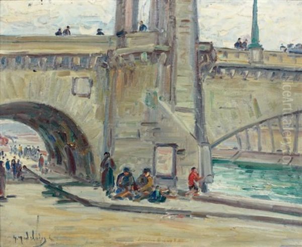 Promeneurs Et Pecheurs Sous Un Pont De Seine Oil Painting by Gustave Madelain