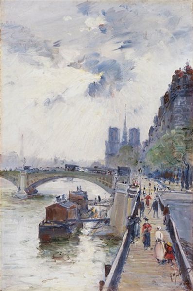 Seineufer Mit Angelegten Booten Mit Notre Dame Im Hintergrund Oil Painting by Gustave Madelain