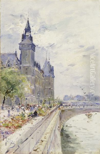 Pariser Blumenmarkt Am Seineufer Oil Painting by Gustave Madelain