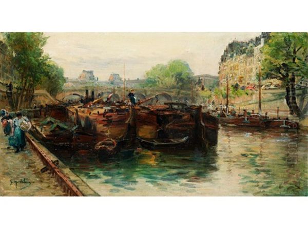 Pariser Stadtansicht Mit Schiffen Auf Der Seine Oil Painting by Gustave Madelain