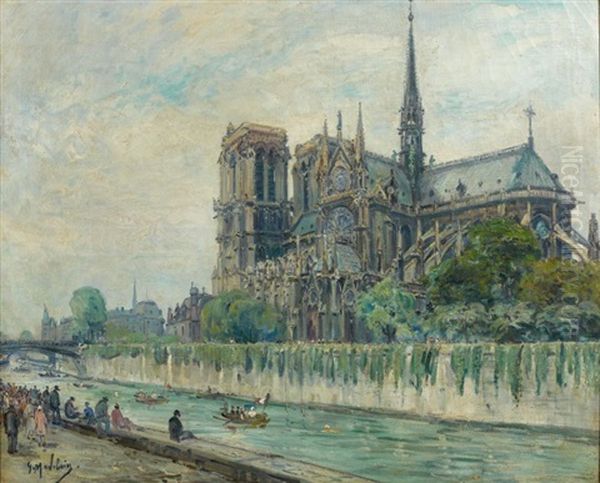 Paris, La Seine A Notre Dame Oil Painting by Gustave Madelain