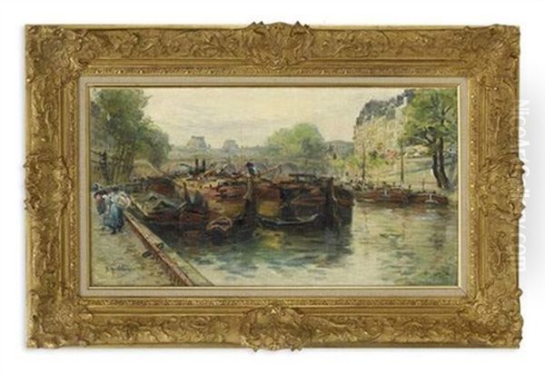 Paris, Peniches A Quai Oil Painting by Gustave Madelain