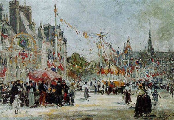 Fete Nationale Du 14 Juillet Sur La Place De L'hotel De Ville A Paris Oil Painting by Gustave Madelain