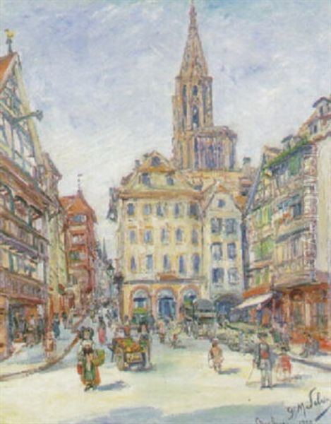 Strasbourg, Rue Animee Pres De La Cathedrale Oil Painting by Gustave Madelain