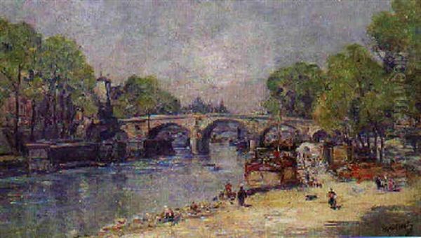 Paris; Les Quais, Le Pont Neuf Oil Painting by Gustave Madelain