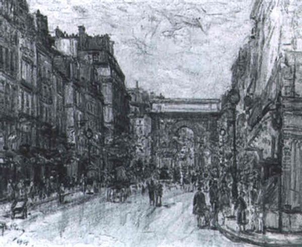 La Porte Saint-martin Et La Rue Faubourg Saint-martin Pavoisee Oil Painting by Gustave Madelain