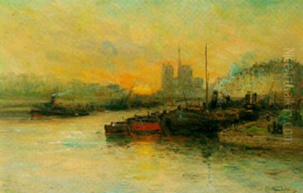 Paris: Les Quais Et Le Chevet De Notre-dame Au Soleil Couchant Oil Painting by Gustave Madelain