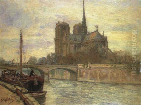 Peniche A Quai Derriere Notre-dame by Gustave Madelain