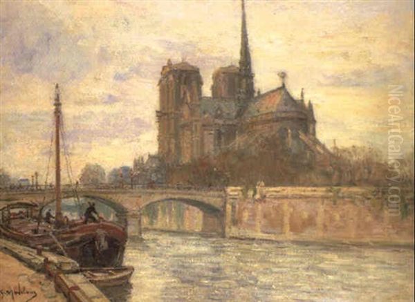 Peniche A Quai Derriere Notre-dame Oil Painting by Gustave Madelain