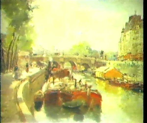 Pariser Seinequai Mit Lastkahnen Oil Painting by Gustave Madelain