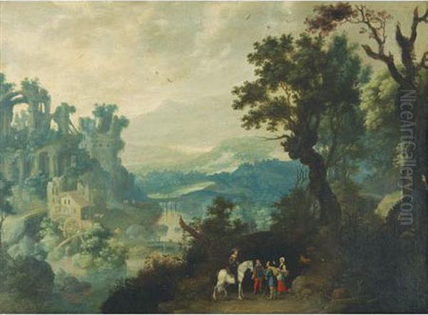 An Extensive Landscape With Travelers On A Road Oil Painting by Hans Bergaigne