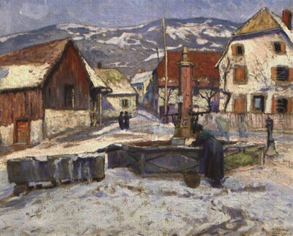 La Fontaine Du Village Sous La Neige Oil Painting by Paul Madeline