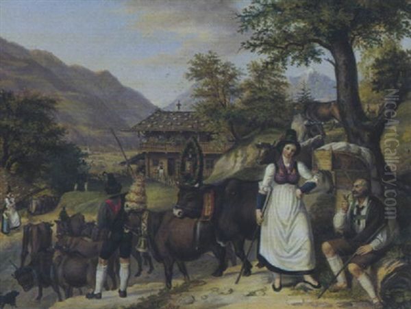 Alpabgang Im Tirol Oil Painting by Johann Mader