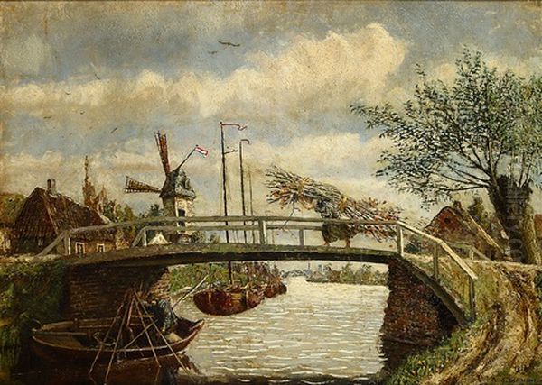 Houtsprokkelaarster Op De Brug Oil Painting by Adrien Jean Madiol