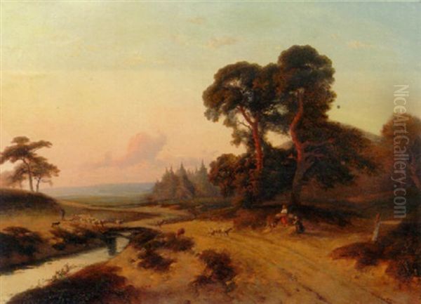 An Extensive Wooded Landscape With A Shepherd And Flock On A Sandy Track Oil Painting by Antonius Josephus Madlener