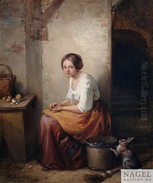 Eine Kuchenmagd Schalt Kartoffeln Oil Painting by Jean Baptiste Madou