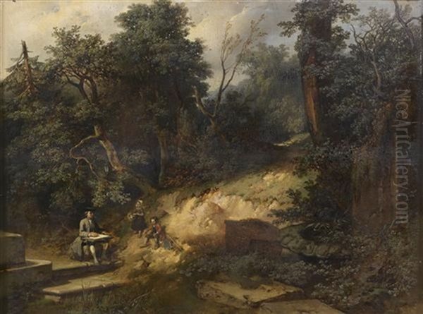 Deux Enfants Regardant Un Dessinateur Sur Le Motif Dans Un Paysage Oil Painting by Jean Baptiste Madou