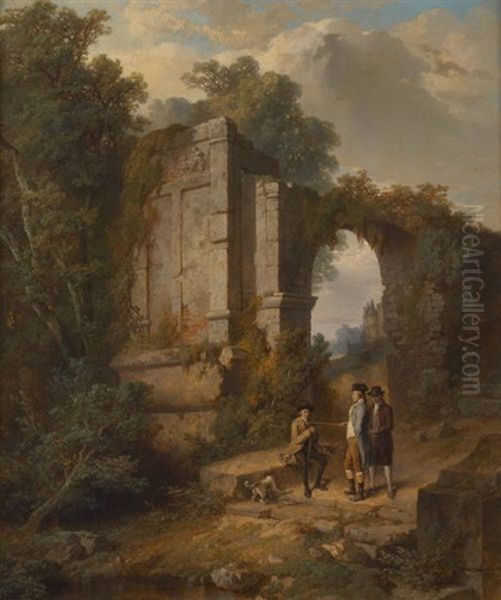 Conversation De Gentilshommes Pres Des Ruines Oil Painting by Jean Baptiste Madou