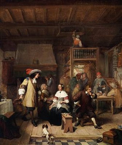 An Elegant Man Courting A Young Woman In An Inn Oil Painting by Jean Baptiste Madou