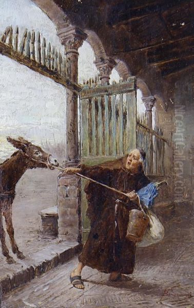 A Stubborn Mule Oil Painting by Francesco Bergamini