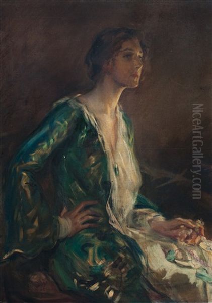 Dama Con Vestido Verde Oil Painting by Raimundo de Madrazo y Garreta