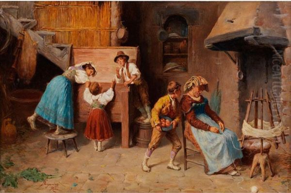 Italienische Genreszene In Einer Bauerlichen Kate Oil Painting by Francesco Bergamini