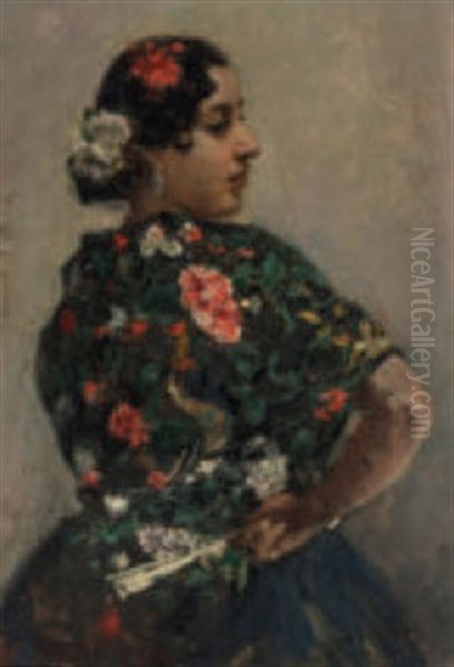 Junge Spanierin Mit Blumen Im Haar Oil Painting by Raimundo de Madrazo y Garreta