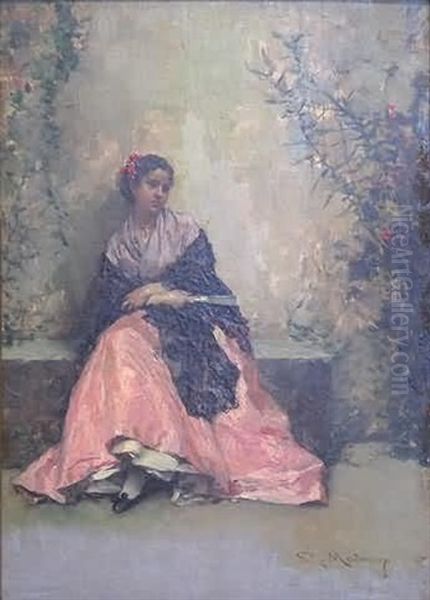 Spanish Lady Sitting Against A Garden Wall Oil Painting by Raimundo de Madrazo y Garreta