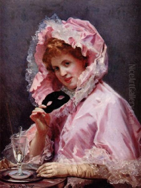 Young Lady With A Mask And Glass Of Absinthe Oil Painting by Raimundo de Madrazo y Garreta