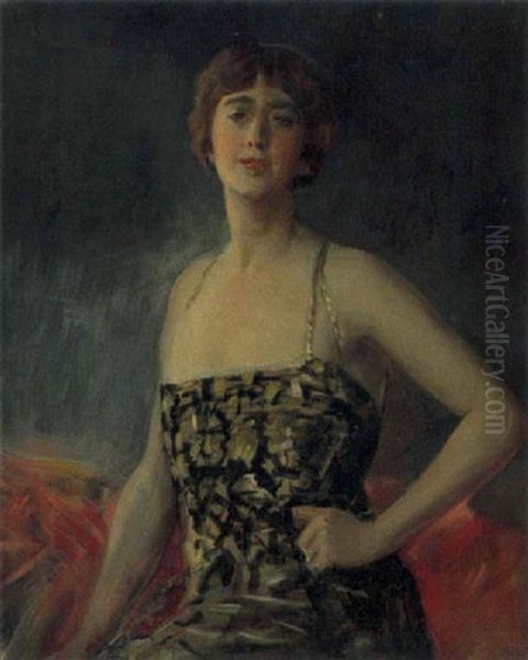 Elegante A La Robe Lamee Oil Painting by Raimundo de Madrazo y Garreta