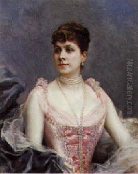 Portrait Of A Lady, In A Pink Dress And Pearl Necklace Oil Painting by Raimundo de Madrazo y Garreta