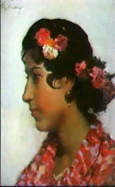 Cabeza De Gitana Con Flores Enel Pelo Oil Painting by Raimundo de Madrazo y Garreta