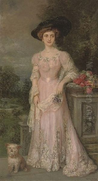 Portrait Of A Lady In A Pink Dress, Standing Alongside Her Dog Oil Painting by Ricardo de Madrazo y Garreta