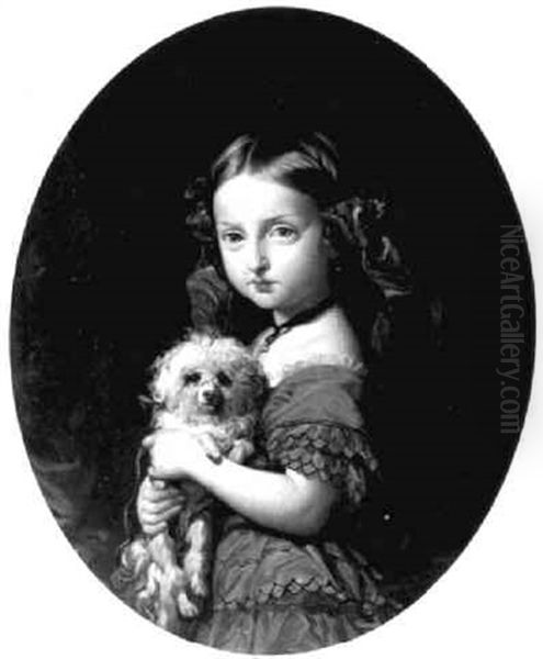 Portrait D'isabelle De Montensier Enfant Tenant Un Caniche Dans Ses Bras Oil Painting by Federico de Madrazo y Kuntz