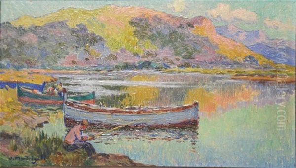 Pecheurs En Bord De Riviere En Corse Oil Painting by Olynthe Madrigali