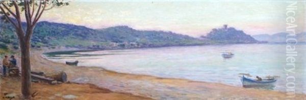 Barques Sur La Plage Au Sud De La Corse Oil Painting by Olynthe Madrigali