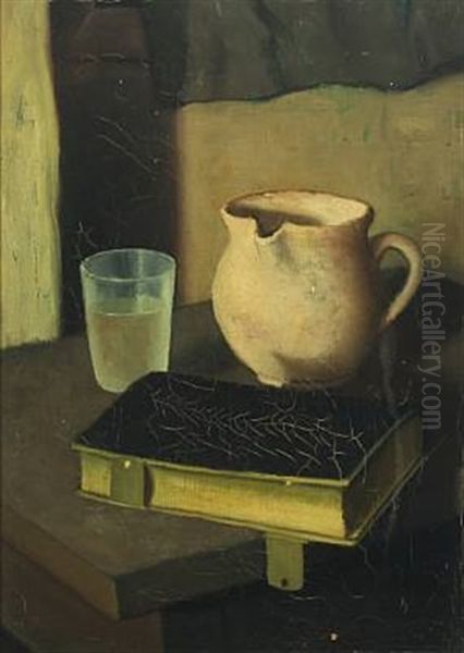 Still Life With A Jug, Glass And Book On A Table Oil Painting by Jeppe Madsen Ohlsen