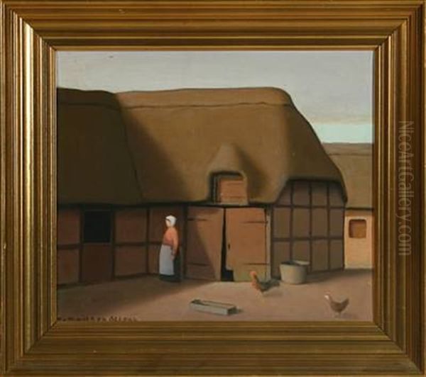 Girl And Two Roosters In A Courtyard Oil Painting by Jeppe Madsen Ohlsen