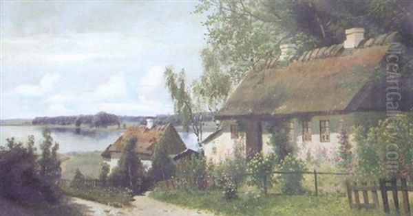 View Of A Lake With Cottages In The Foreground Oil Painting by Jeppe Madsen Ohlsen