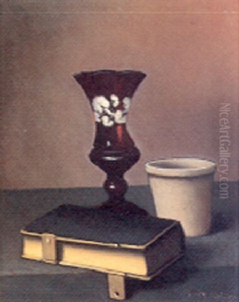 Opstilling Med Bog, Vase Og Urtepotteskjuler Pa Et Bord Oil Painting by Jeppe Madsen Ohlsen