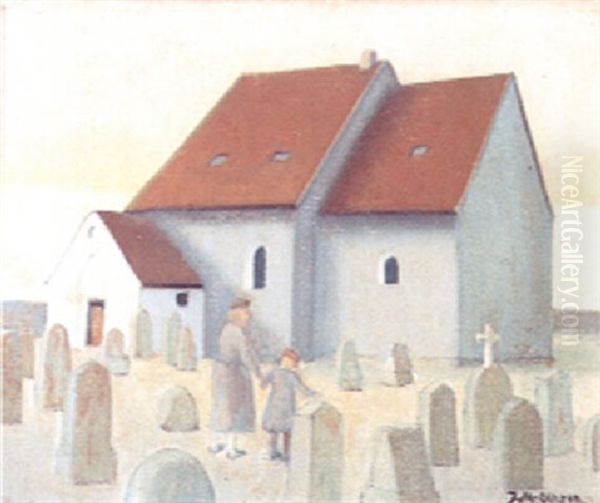 Mor Og Barn Pa Kirkegarden, Allinge Kirke Oil Painting by Jeppe Madsen Ohlsen