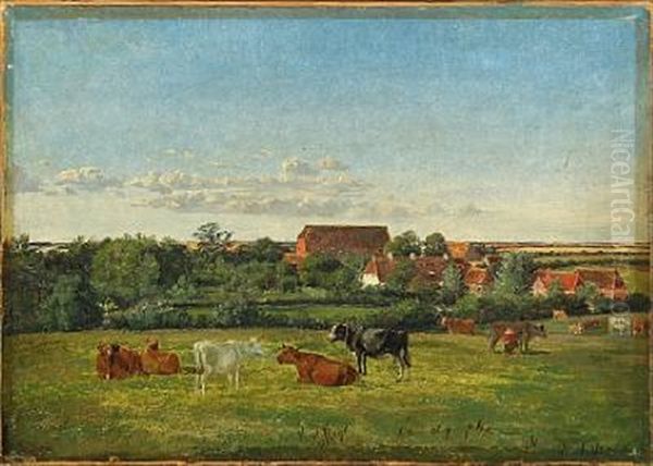 Grazing Cattle Oil Painting by Andreas Peter Madsen