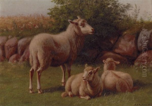 A Ewe With Her Lambs Oil Painting by Andreas Peter Madsen