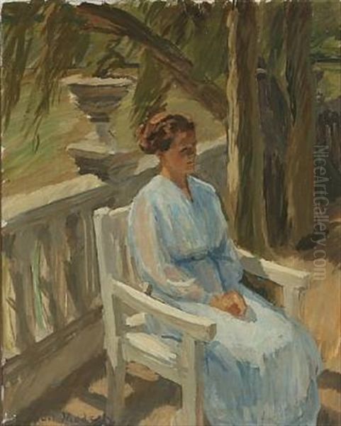 Portrait Of Martha Mortensen In The Garden At Klaregade 37 In Odense Oil Painting by Christian Juel Madsen