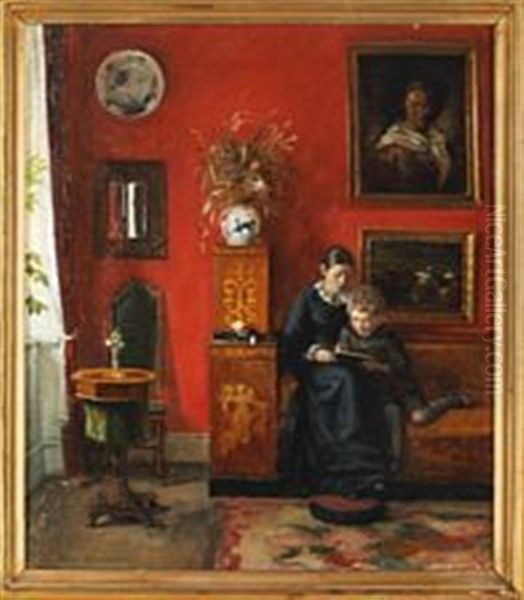 Interior A Woman And A Little Boy by Karl Johan Vilhelm Madsen