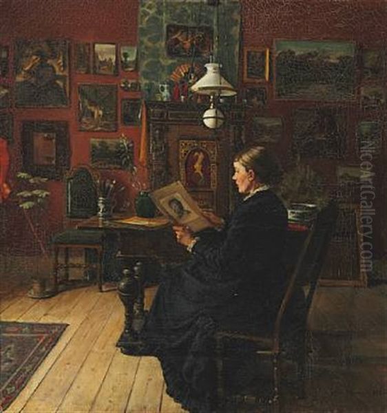 Interior From The Artist's Studio On Rosendalsgade With The Artist's First Wife, Henriette Oil Painting by Karl Johan Vilhelm Madsen