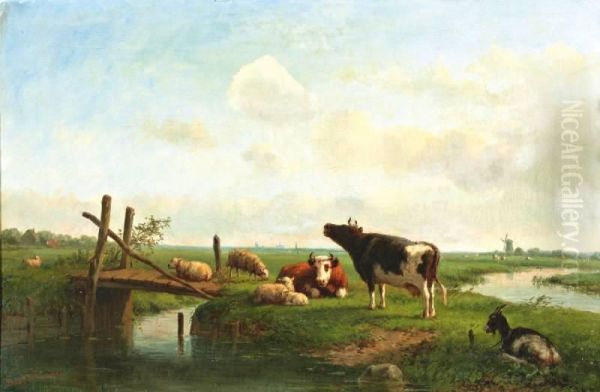 Polderlandschap Met Rustend Vee Oil Painting by Bernardus Gerardus Ten Berge