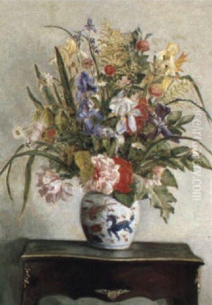 Opstilling, Brogede Blomster I Vase, Pa Et Bord Oil Painting by Karl Johan Vilhelm Madsen