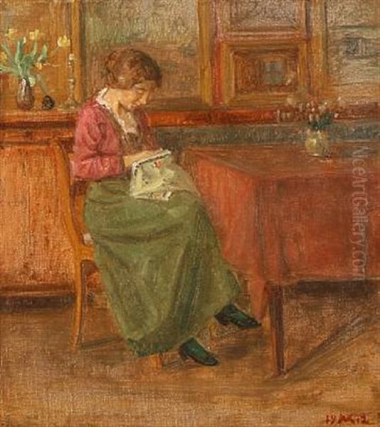 Interior With A Young Girl Oil Painting by Viggo Svend Madsen